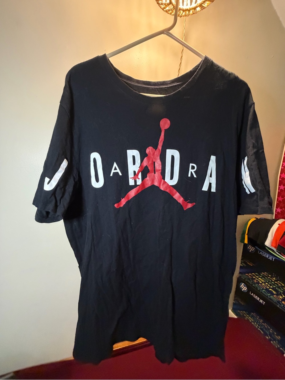 Jordan Black Short Sleeve Tee with Red Jumpman and White Lettering